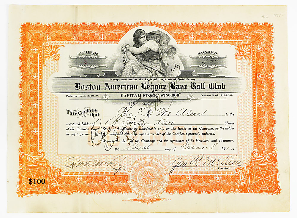 1912 Boston Red Sox Stock Certificate Signed by Owners Jimmy McAleer and Joseph Lannin