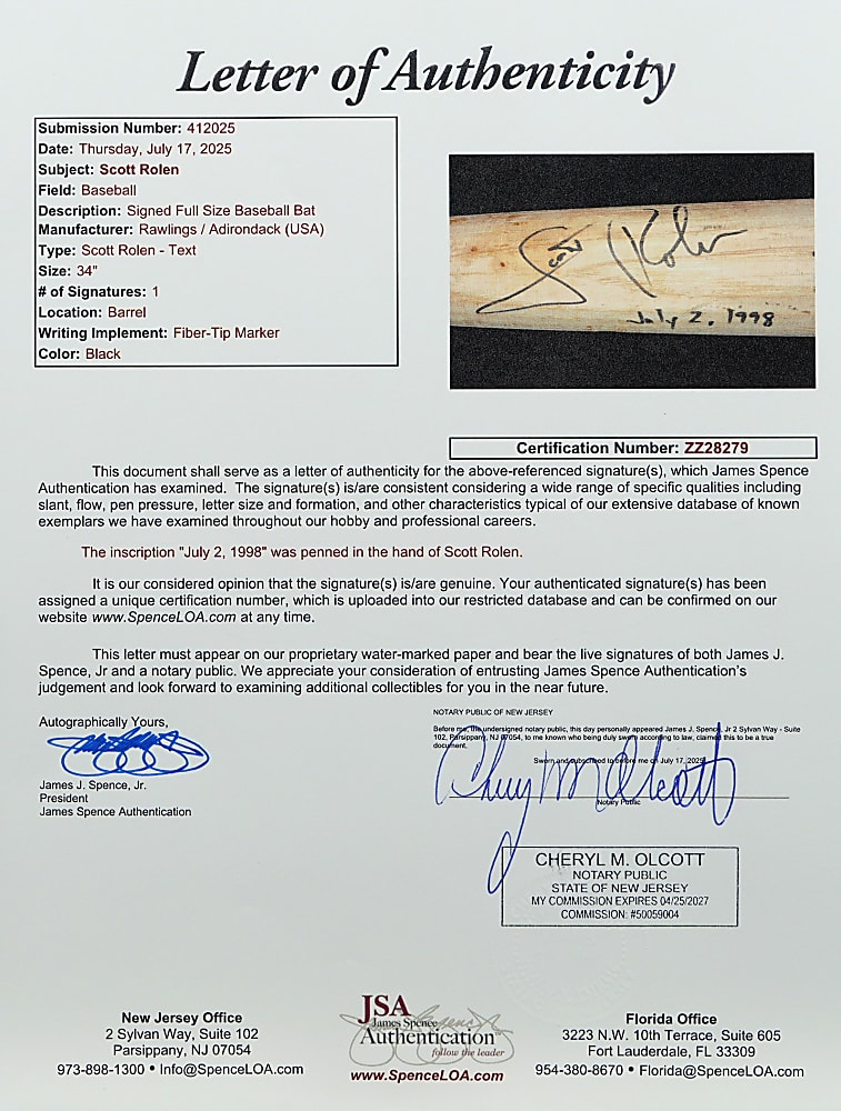 1998 Scott Rolen Philadelphia Phillies Autographed & Inscribed Game-Used Bat - PSA/DNA GU 8.5 / Full JSA LOA