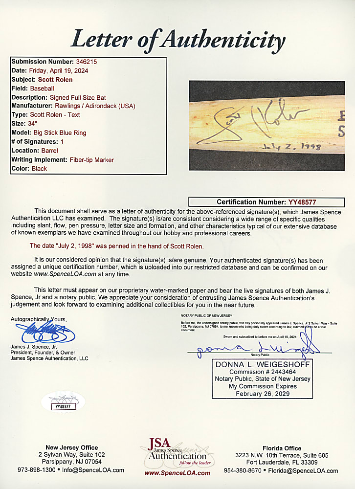 1998 Scott Rolen Philadelphia Phillies Autographed & Inscribed Game-Used Bat - PSA/DNA GU 8.5 / Full JSA LOA