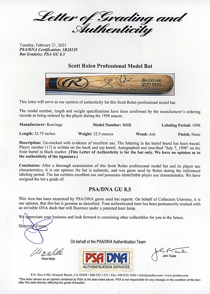 1998 Scott Rolen Philadelphia Phillies Autographed & Inscribed Game-Used Bat - PSA/DNA GU 8.5 / Full JSA LOA