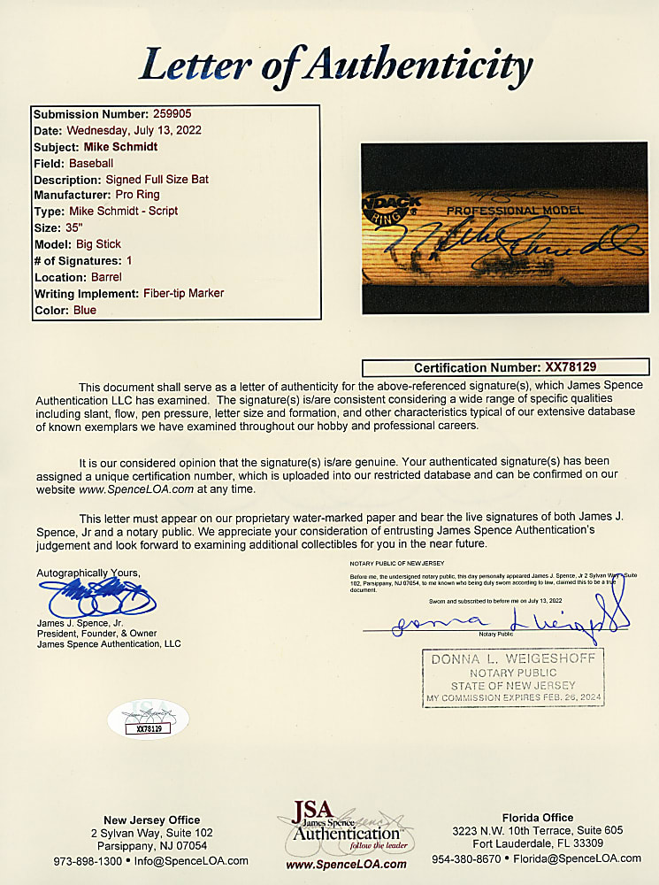 1988 Mike Schmidt Signed Philadelphia Phillies Game Used Batting Practice Bat - PSA/DNA LOA & JSA LOA