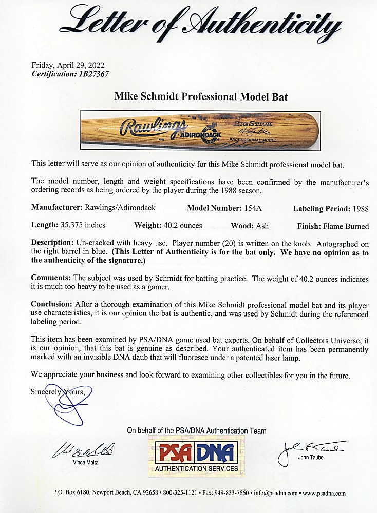 1988 Mike Schmidt Signed Philadelphia Phillies Game Used Batting Practice Bat - PSA/DNA LOA & JSA LOA