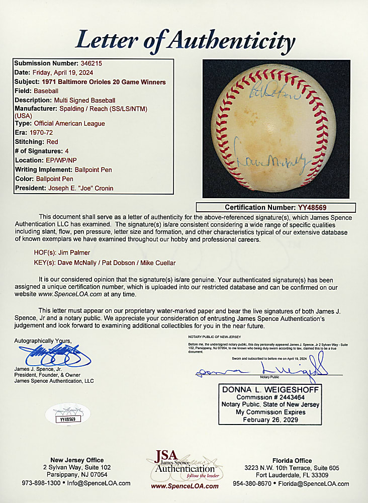 1971 Baltimore Orioles 20 Game Winners Multi-Signed OAL/Cronin Baseball with Full JSA LOA