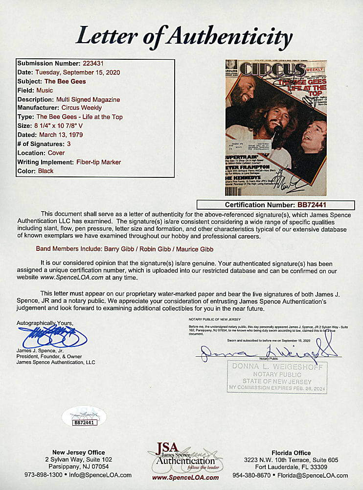 1979 The Bee Gees Band-Signed Circus Weekly Magazine with Barry, Robin & Maurice Gibb - Full JSA LOA