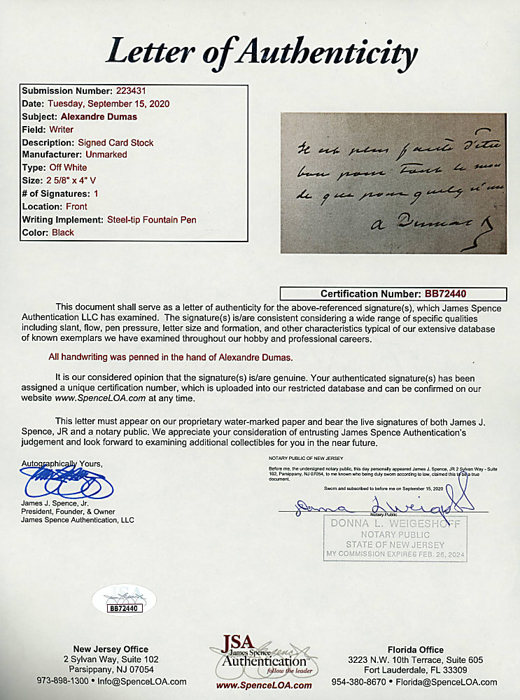 Alexandre Dumas Signed Handwritten Note - Full JSA LOA