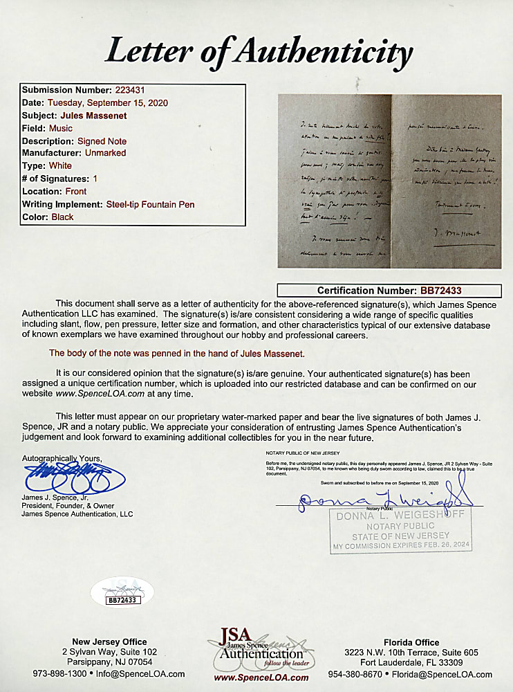 1880s-1900s Jules Massenet Signed Handwritten Notes (5) - Each with Full JSA LOA