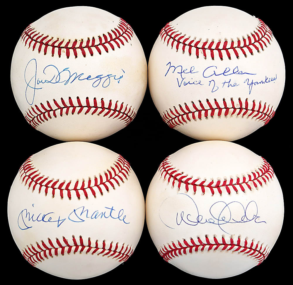 New York Yankees Hall of Fame Single-Signed Baseballs (4) with Mantle, DiMaggio, Jeter, Allen