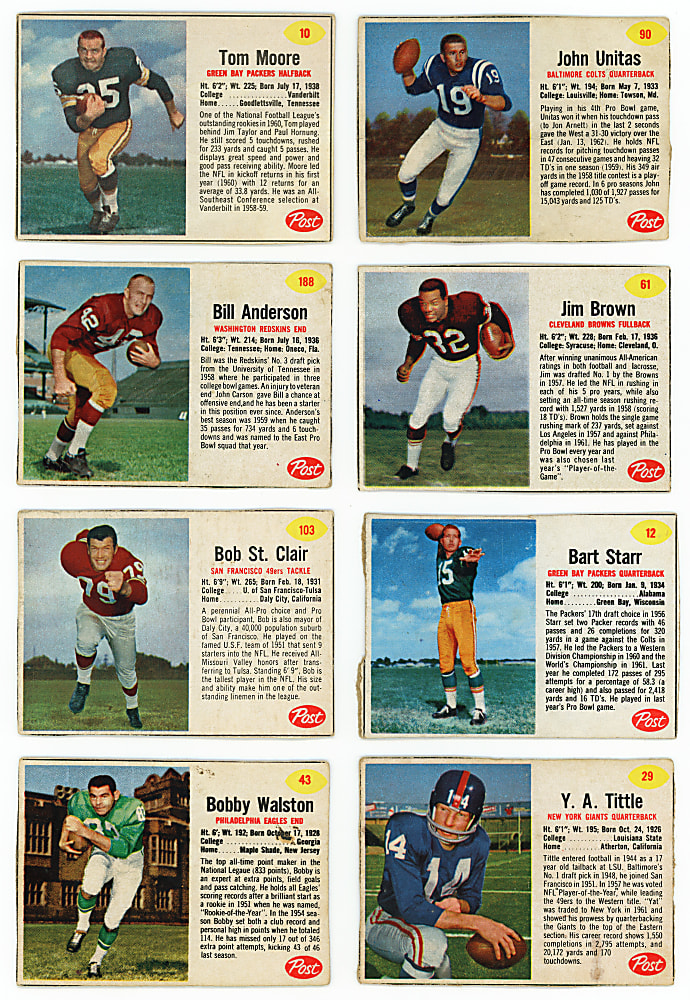 1962 Post Cereal Football Collection (108) with Hall of Famers & Shortprints Including #61 Jim Brown