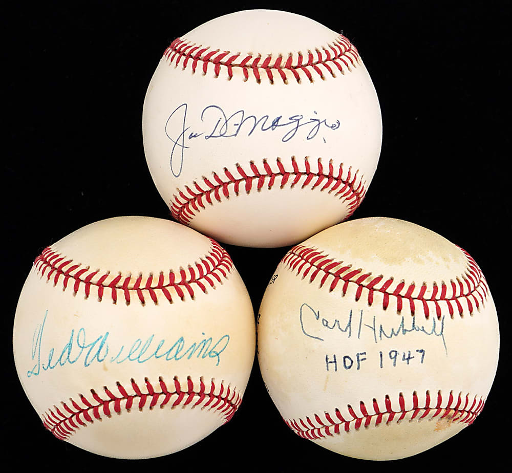 Joe DiMaggio, Carl Hubbell & Ted Williams (UDA) Single-Signed Baseball Trio
