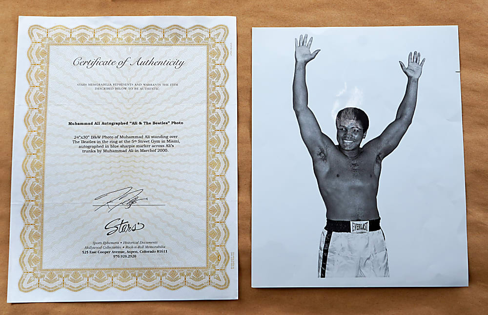 Muhammad Ali Single-Signed 24x30 Photograph with The Beatles in Framed Displays