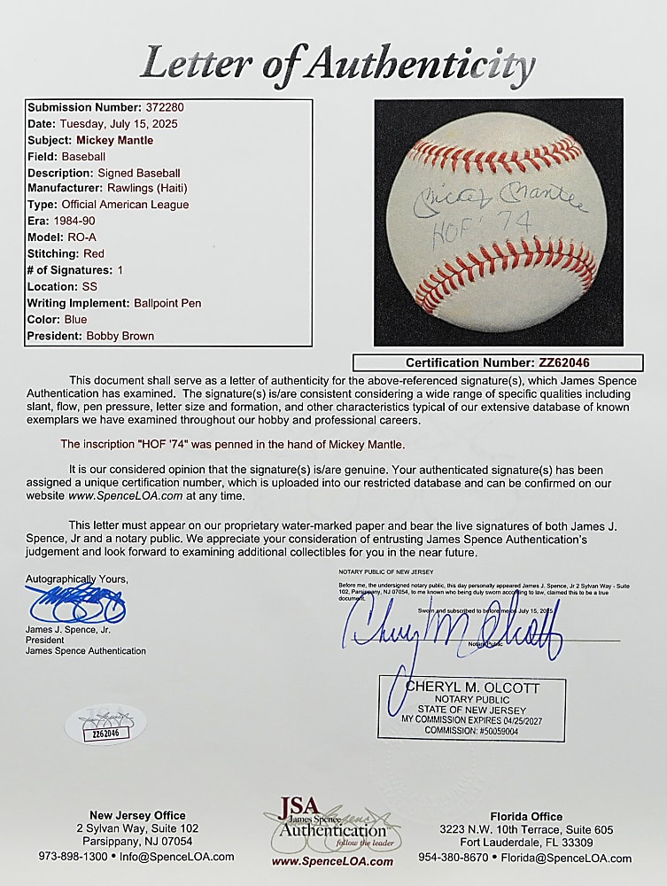 Mickey Mantle Single-Signed OAL/Brown Baseball with "HOF '74" Inscription - Full JSA LOA