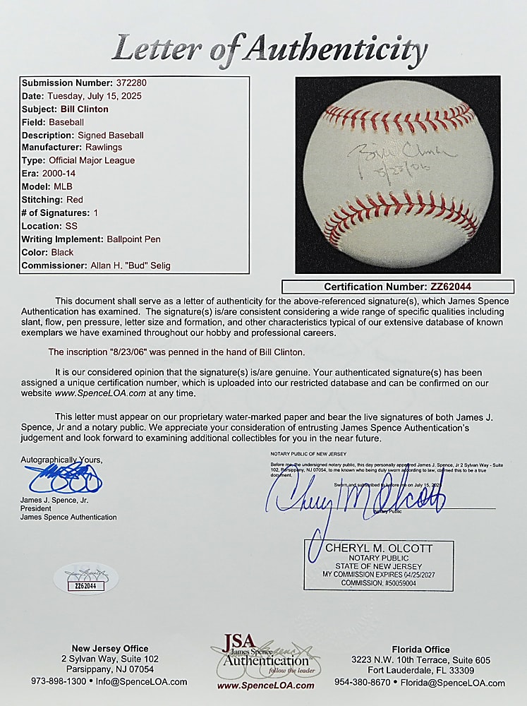 Bill Clinton Single-Signed & Dated OML/Selig Baseball with Full JSA LOA