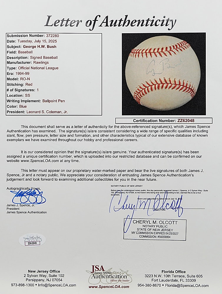 George H.W. Bush Single-Signed ONL/Coleman Baseball - Full JSA LOA