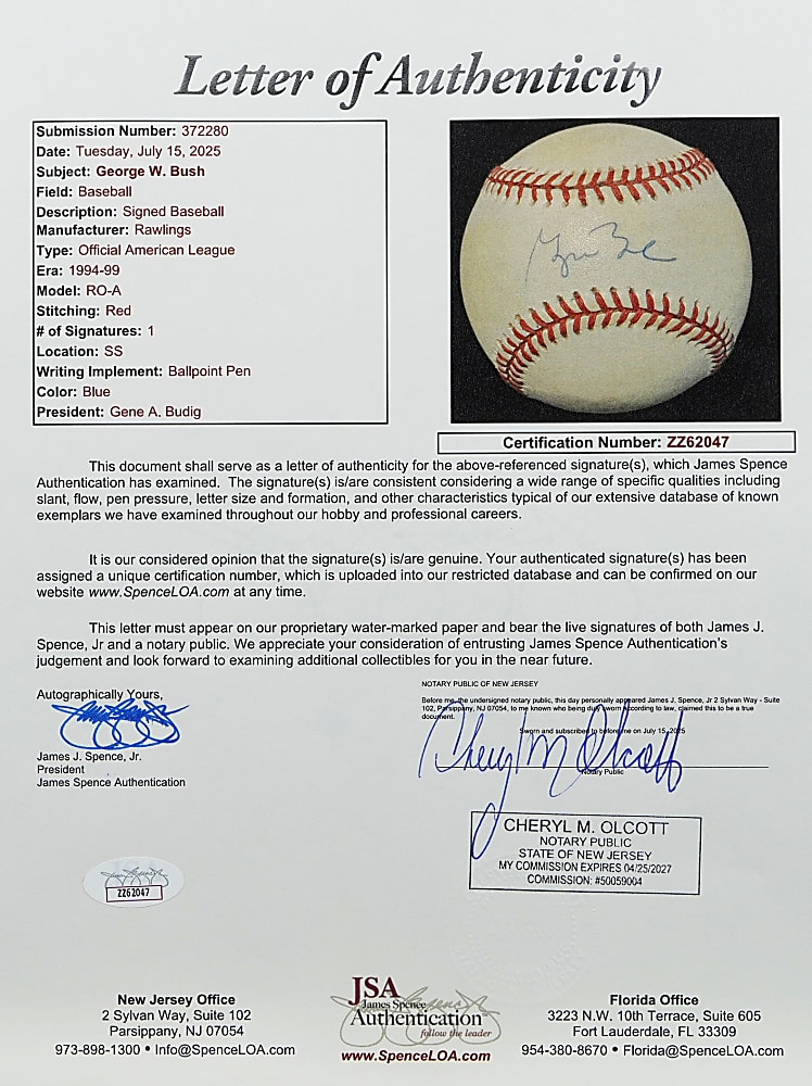 George W. Bush Single-Signed OAL/Budig Baseball - Full JSA LOA