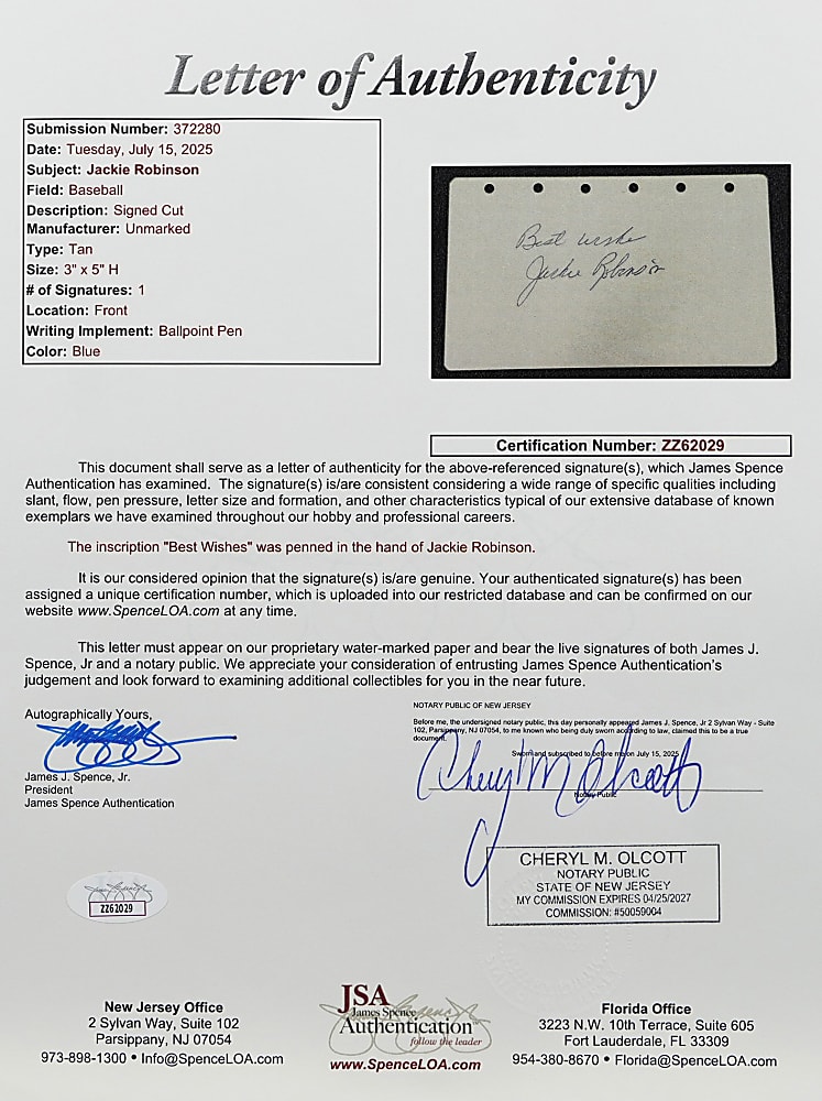 Jackie Robinson Signed Album Page - Full JSA LOA