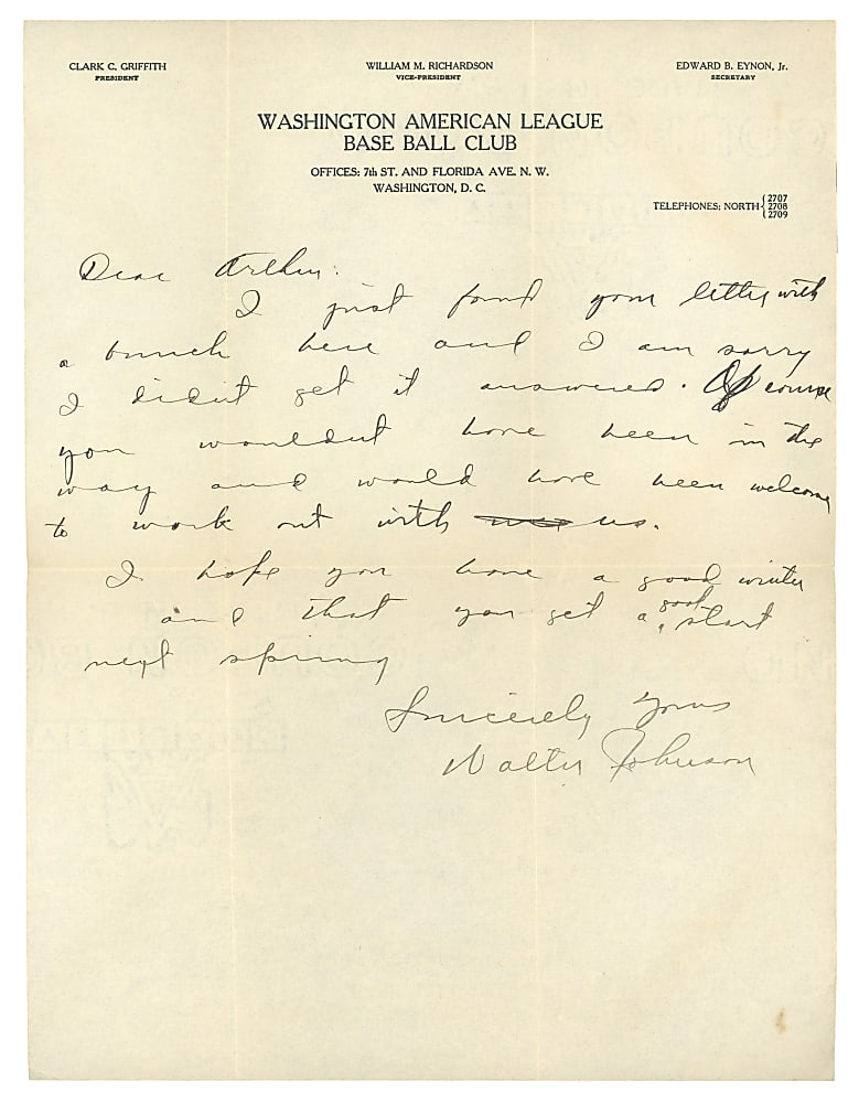 1929 Walter Johnson Signed Handwritten Letter with Official Washington Baseball Club Envelope - Full JSA LOA
