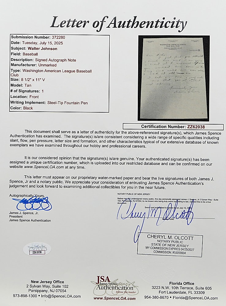1929 Walter Johnson Signed Handwritten Letter with Official Washington Baseball Club Envelope - Full JSA LOA