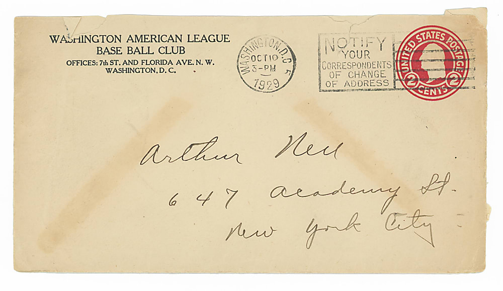 1929 Walter Johnson Signed Handwritten Letter with Official Washington Baseball Club Envelope - Full JSA LOA