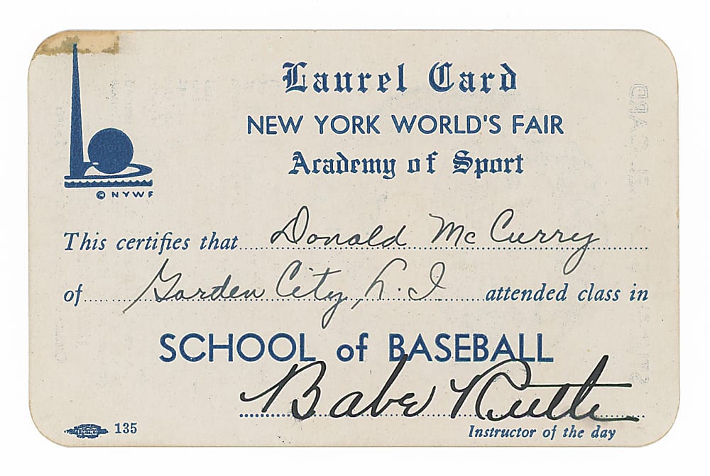 1940 Babe Ruth Boldly Signed New York World's Fair Academy of Sport Student Card with Accompanying Christy Walsh Signed Certificate - Full JSA LOA