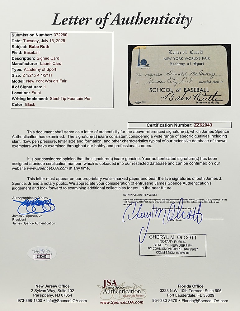 1940 Babe Ruth Boldly Signed New York World's Fair Academy of Sport Student Card with Accompanying Christy Walsh Signed Certificate - Full JSA LOA