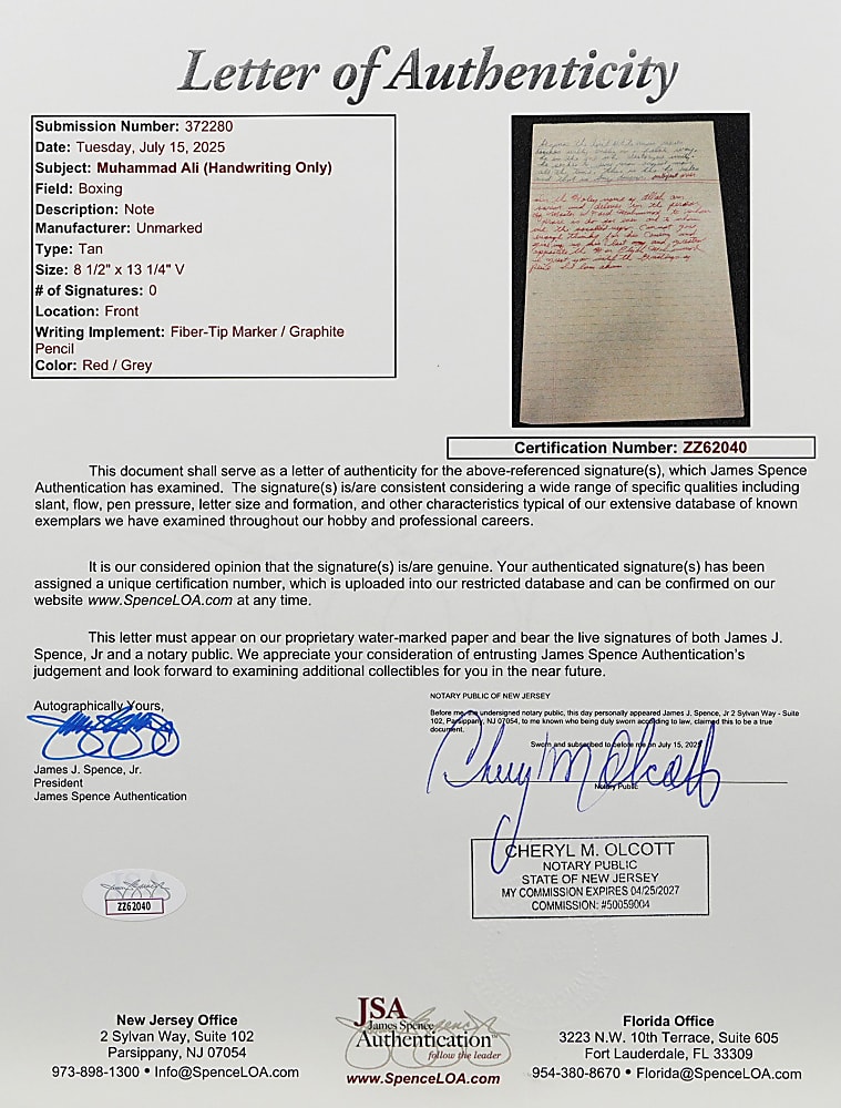 Muhammad Ali Handwritten Speech Page with Full JSA LOA