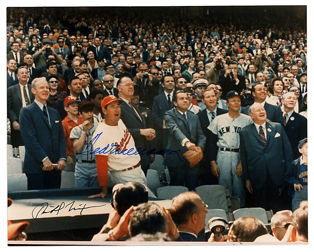 Richard Nixon and Ted Williams Dual-Signed 1969 Washington Senators Opening Day First Pitch 8x10 Color Photograph - Full JSA LOA