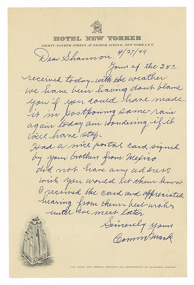 1944 Connie Mack Signed Handwritten Letter on Hotel New Yorker Letterhead - Full JSA LOA