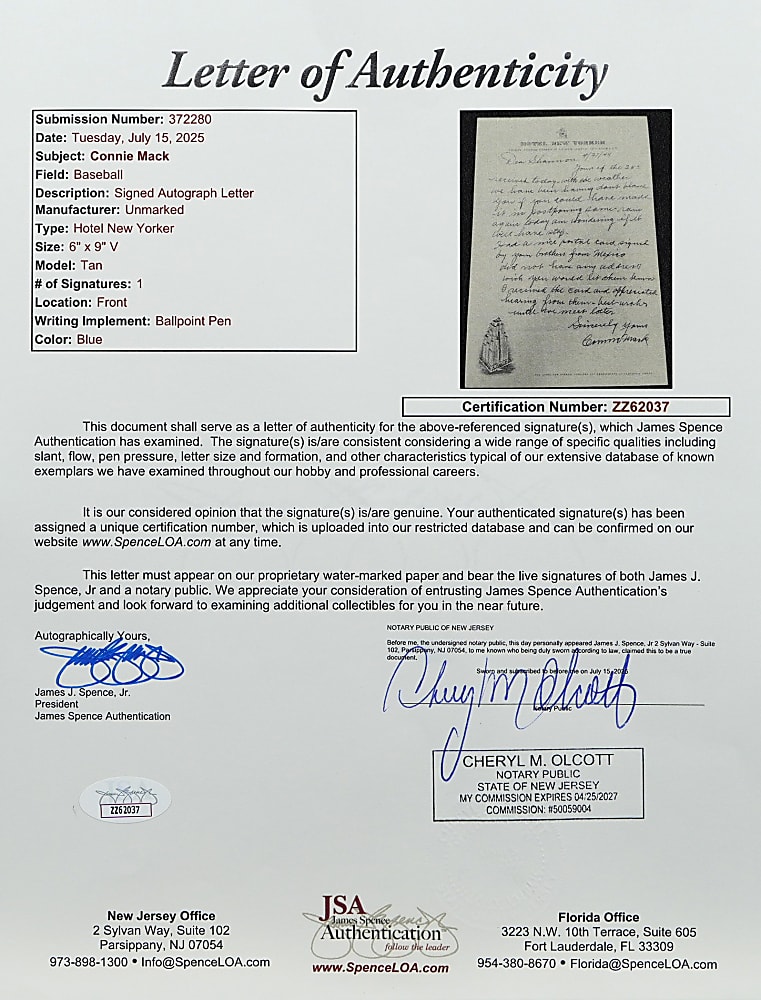 1944 Connie Mack Signed Handwritten Letter on Hotel New Yorker Letterhead - Full JSA LOA