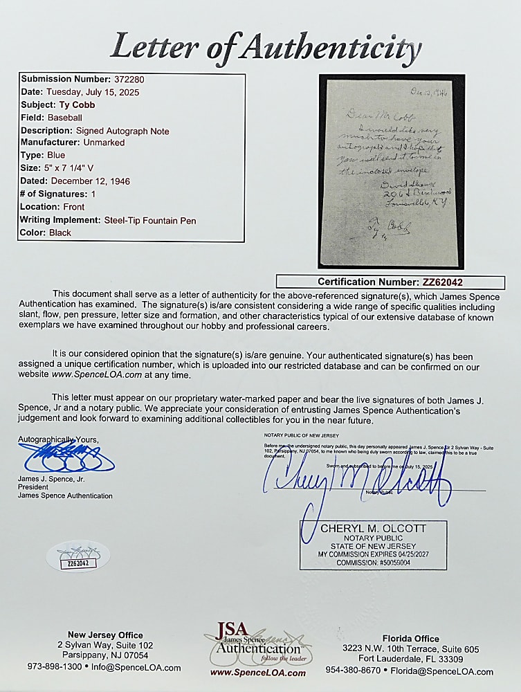 1946 Ty Cobb Signed Letter with Full JSA LOA