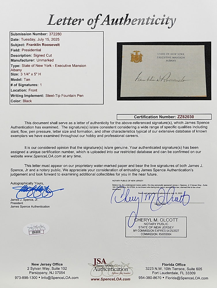 Franklin D. Roosevelt Signed New York Executive Mansion Invitation Card - Full JSA LOA