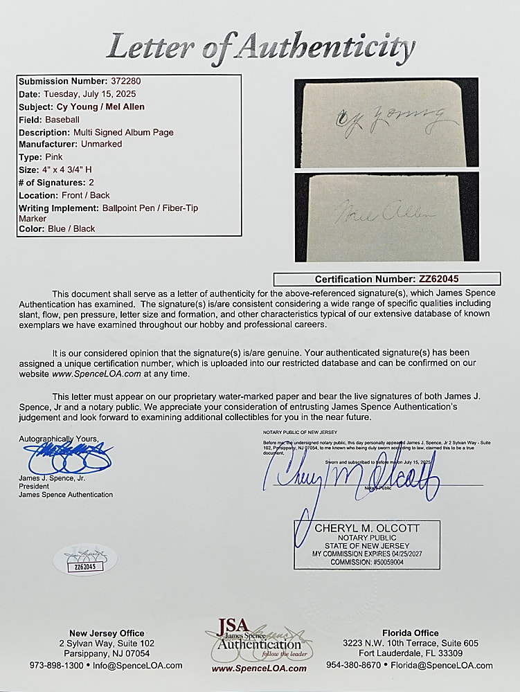 Cy Young Signed Album Page - Full JSA LOA