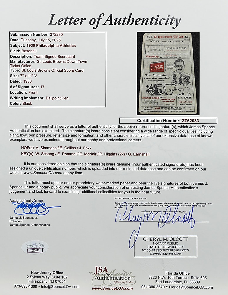 1930 Philadelphia Athletics Team-Signed Scorecard with 17 Signatures Including Jimmy Foxx, Al Simmons & Eddie Collins - Full JSA LOA