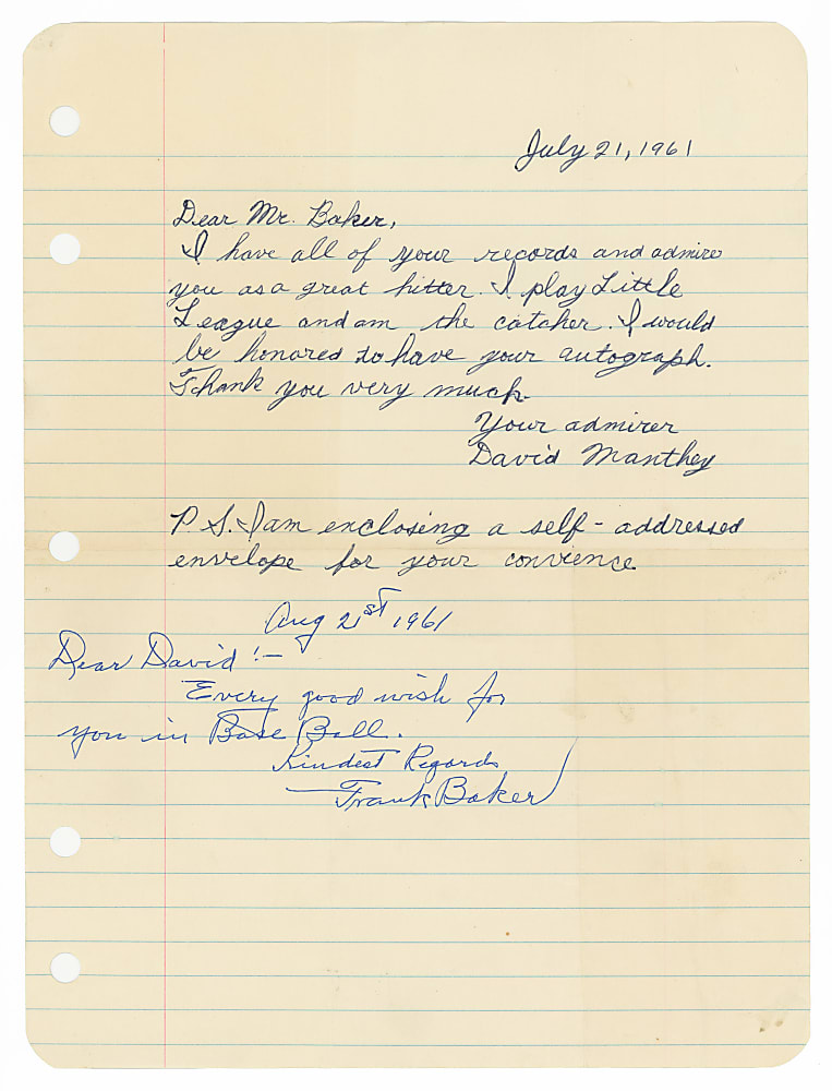 1961 Frank Baker Signed Handwritten Note - Full JSA LOA