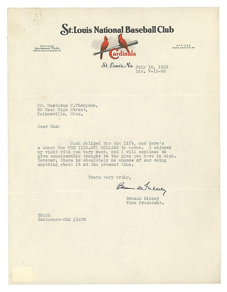1933 Branch Rickey Typed Letter Signed on St. Louis Cardinals Letterhead - Full PSA LOA