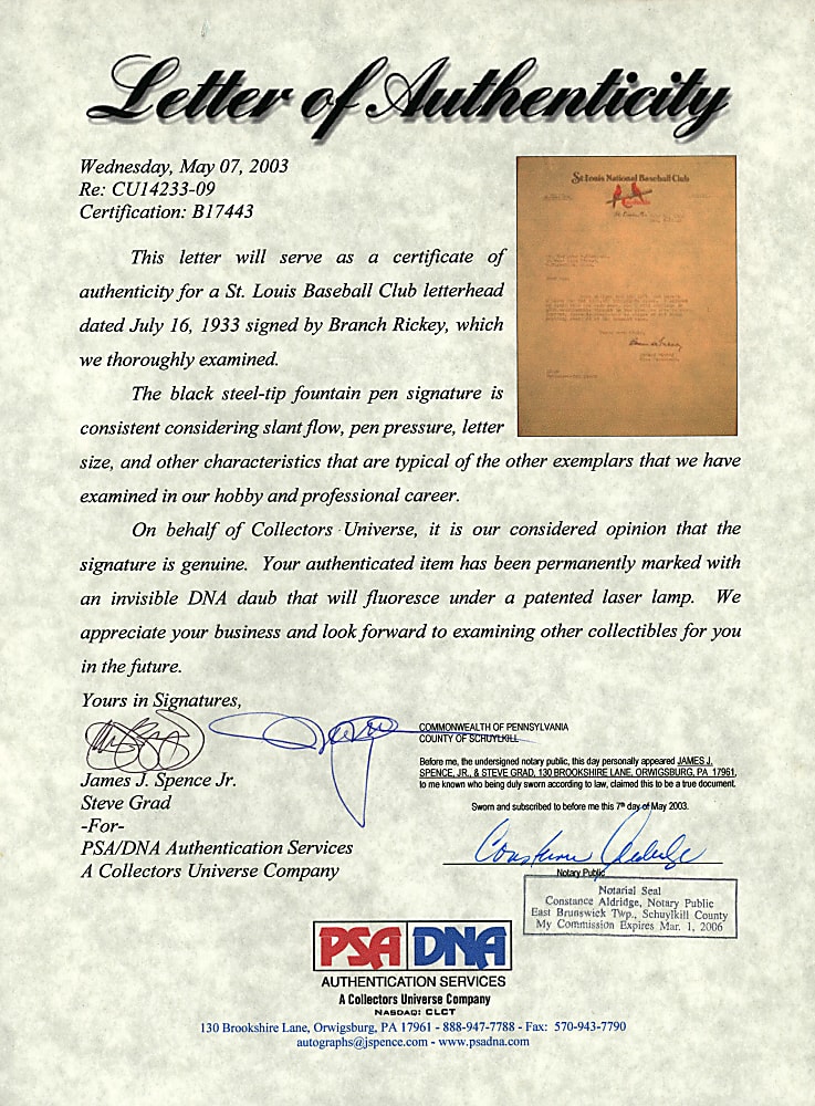 1933 Branch Rickey Typed Letter Signed on St. Louis Cardinals Letterhead - Full PSA LOA