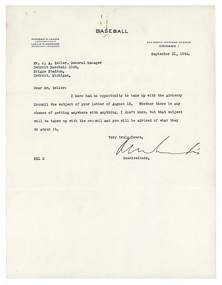 1944 Kenesaw Landis Typed Letter Signed - Full JSA LOA