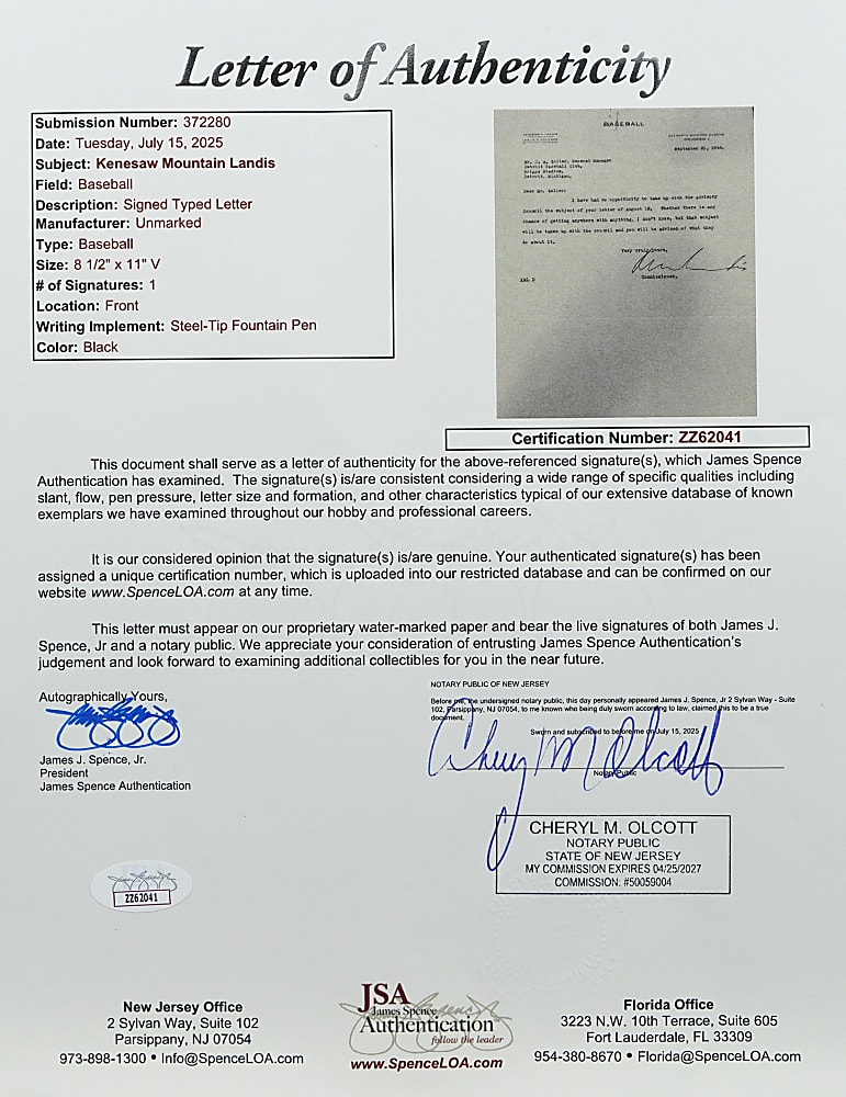 1944 Kenesaw Landis Typed Letter Signed - Full JSA LOA