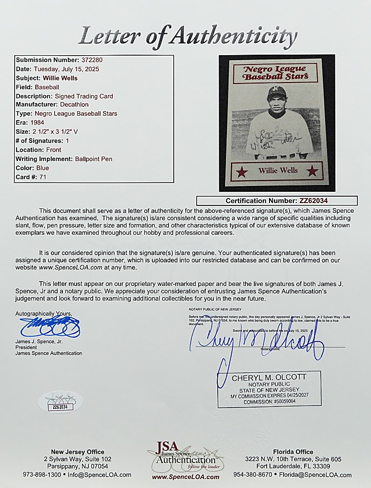 1984 Willie Wells Signed Negro League Baseball Stars Card - Full JSA LOA