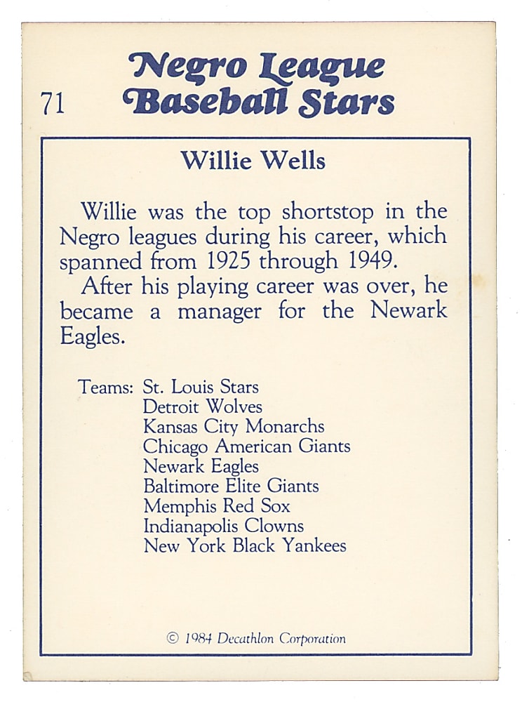 1984 Willie Wells Signed Negro League Baseball Stars Card - Full JSA LOA