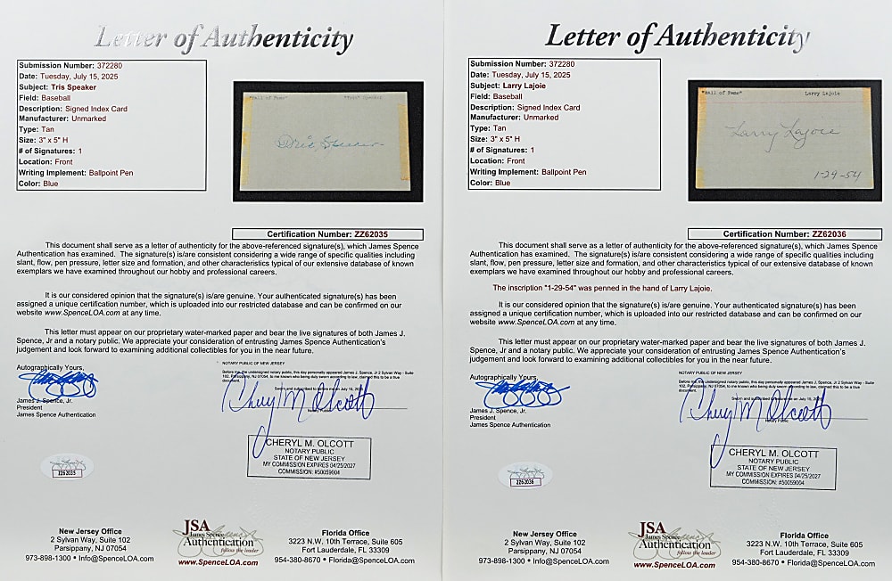 Nap Lajoie and Tris Speaker Signed Index Card Pair - Both Full JSA LOA
