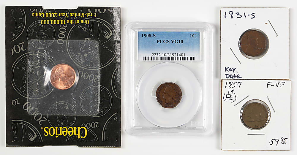 1857-2000 U.S. Cent Collection (4) with 1857 Flying Eagle, 1908-S Indian Head PCGS VG10, 1931-S Lincoln & 2000 Cheerios