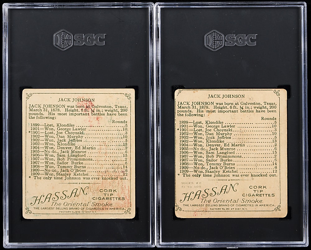 1910 T218 Hassan Champions Jack Johnson SGC Graded Pair