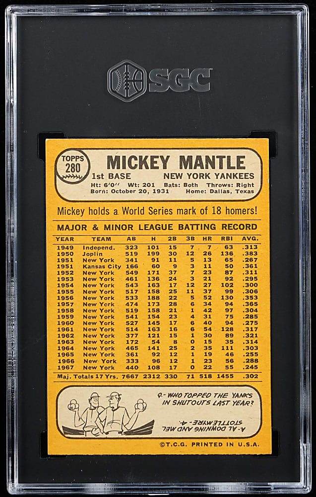 1968 Topps #280 Mickey Mantle SGC VG/EX 4