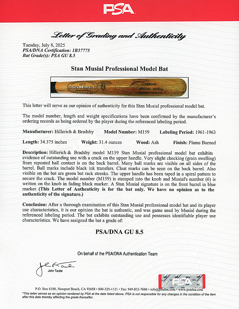 1961-1963 Stan Musial Signed St. Louis Cardinals Game-Used Bat - PSA/DNA GU 8.5