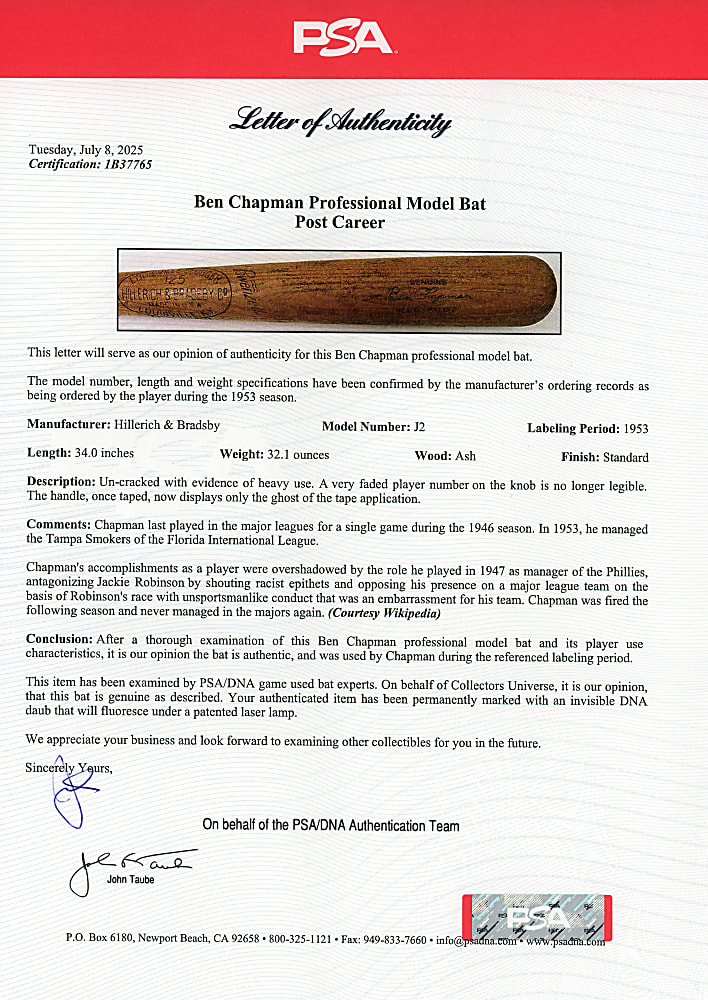1953 Ben Chapman Post Career Pro Model Bat with PSA/DNA LOA