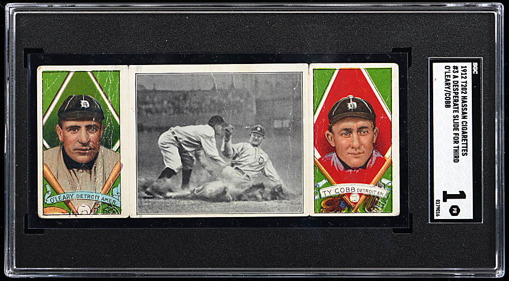 1912 T202 Hassan Triple Folders "A Desperate Slide For Third" Ty Cobb/Charles O'Leary SGC POOR 1