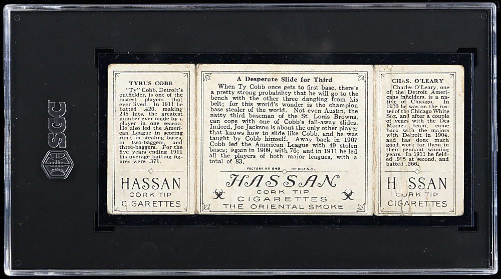 1912 T202 Hassan Triple Folders "A Desperate Slide For Third" Ty Cobb/Charles O'Leary SGC POOR 1