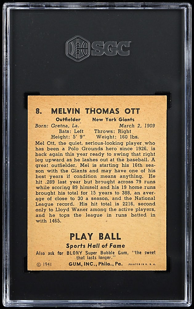 1941 Play Ball #8 Mel Ott SGC EX 5