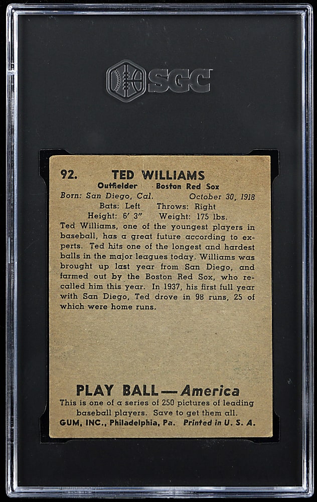 1939 Play Ball #92 Ted Williams Rookie SGC Authentic