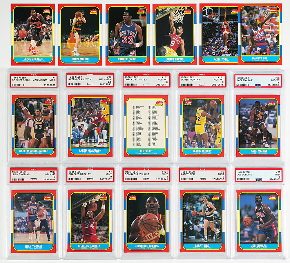 1986-1987 Fleer Basketball Near Set (131/132) with 24 PSA Graded Including 13 PSA MINT 9 - Sharp!